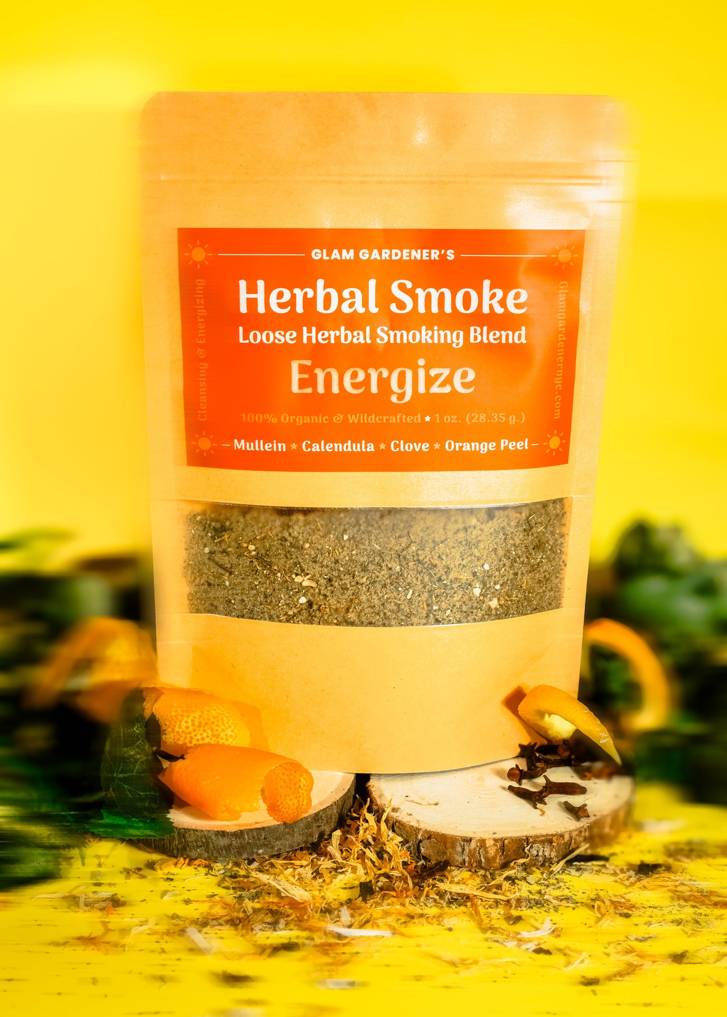 Loose herbal smoking blend with wild-harvested mullein, organic calendula, organic clove, and organic orange peel designed to energize, cleanse, and soothe