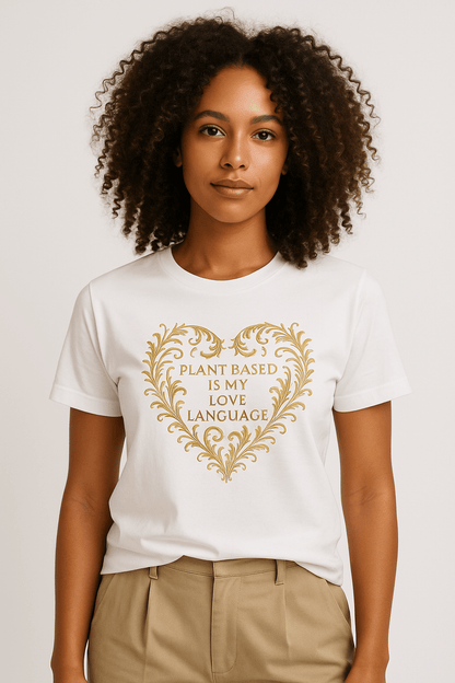 Plant Based Love Funny Vegan Premium Tshirt (Gold) - Vegan America