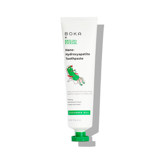 A white tube of Boka x Grillos Pickles Cucumber Dill n-Ha Toothpaste.