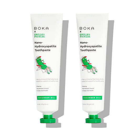 Two tubes of Boka x Grillo’s Pickles Cucumber Dill n-Ha Toothpaste boost dental health.