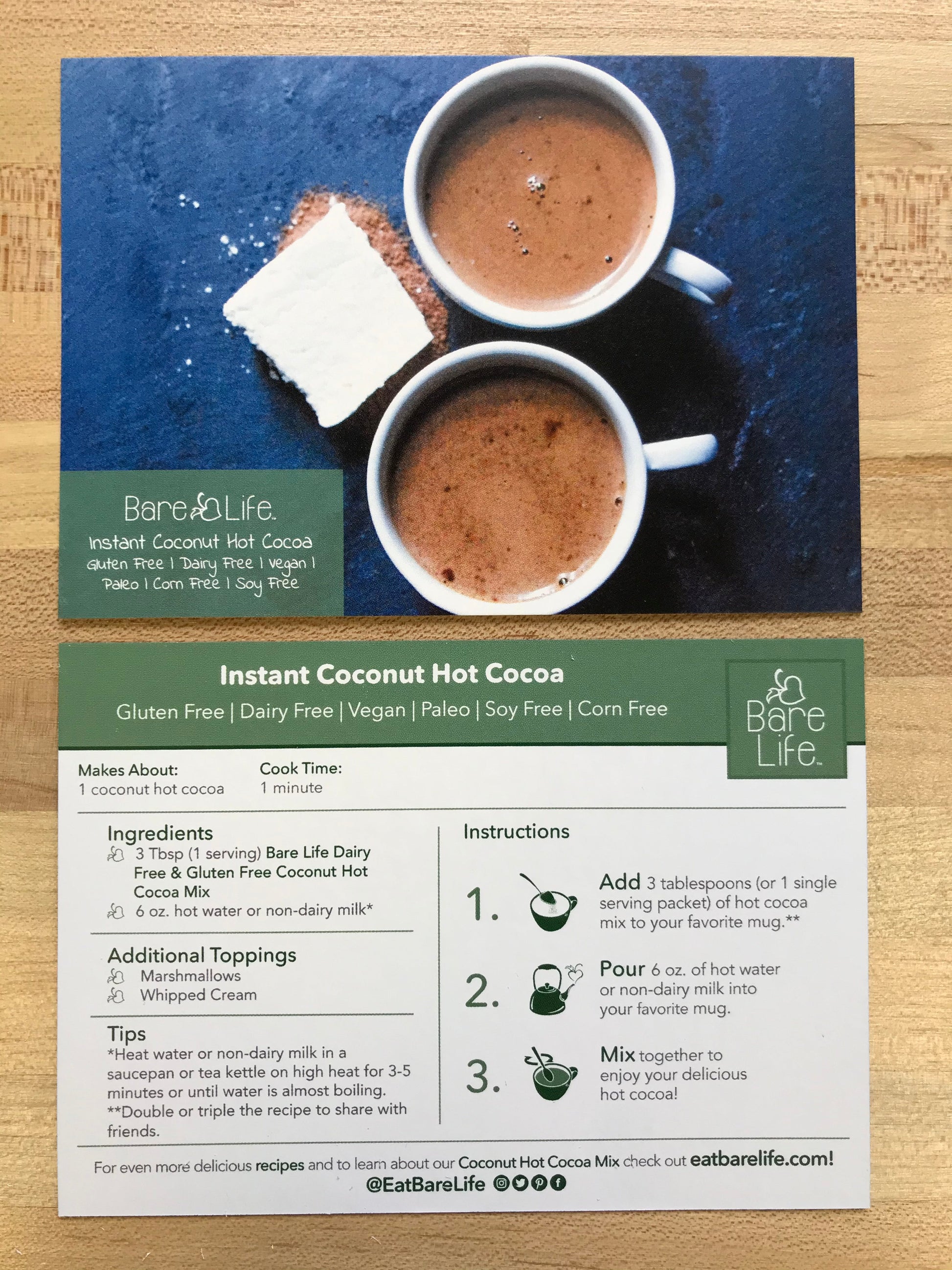 Instant Coconut Hot Cocoa Recipe Cards - Bare Life