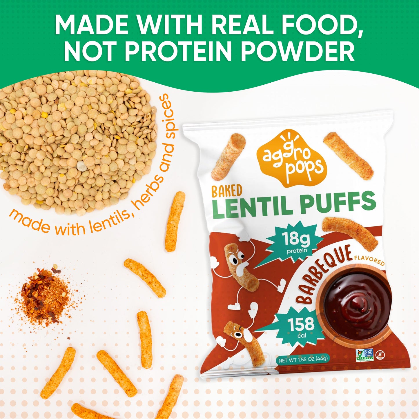 Aggropops Lentil Puffs | FREE SHIPPING| 18g protein & 158 Cal per bag!