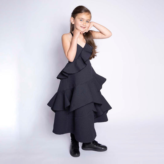 Black Waffle Cotton Gown for Girls