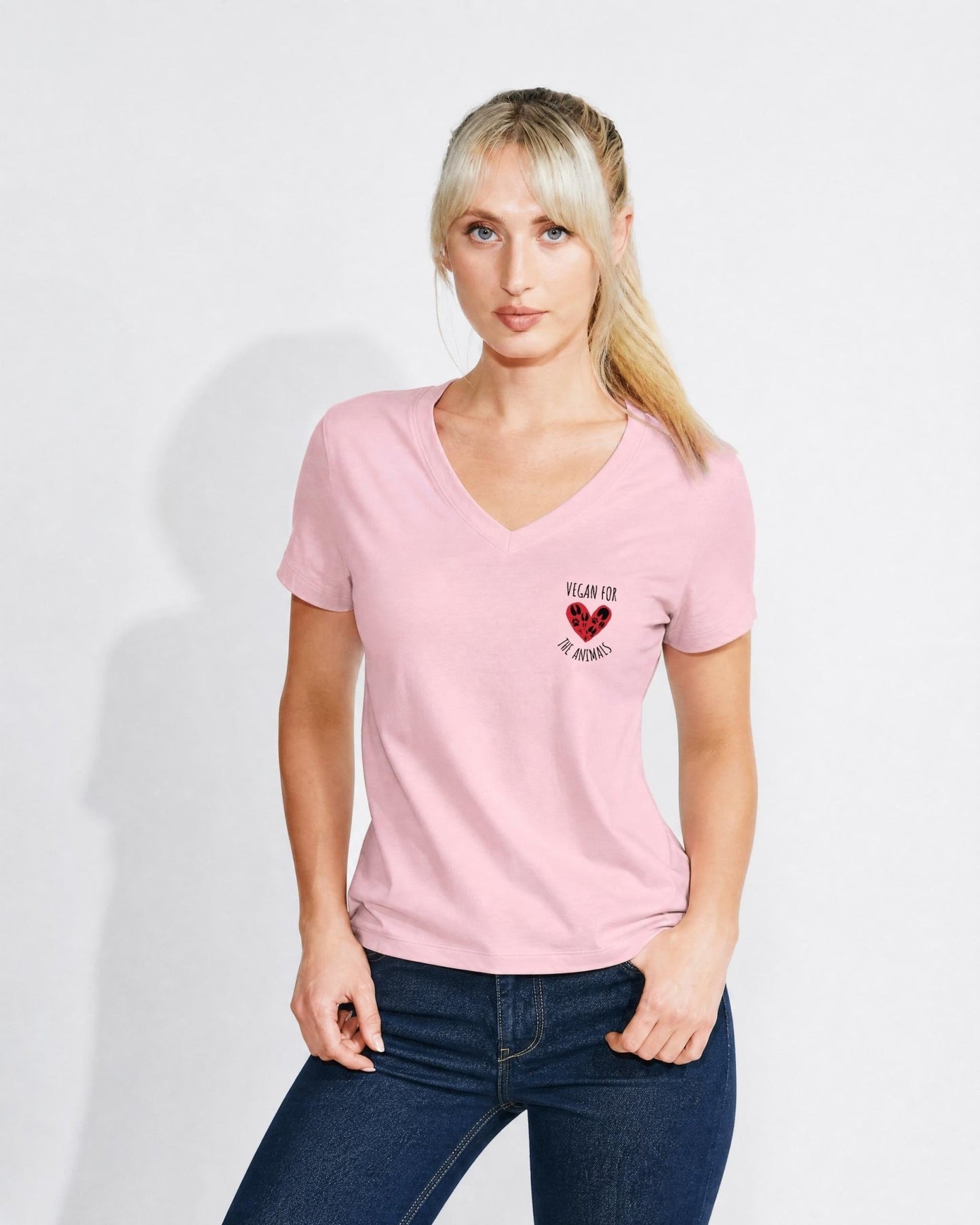 Vegan For The Animals Heart Women's V Neck T-Shirt - Vegan America