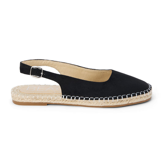Juliet Espadrille – Beach By Matisse – Black faux suede espadrille slingbacks with a stitched jute sole, almond toe, and adjustable ankle strap. A vibrant, Mediterranean-inspired staple perfect for sunny day adventures