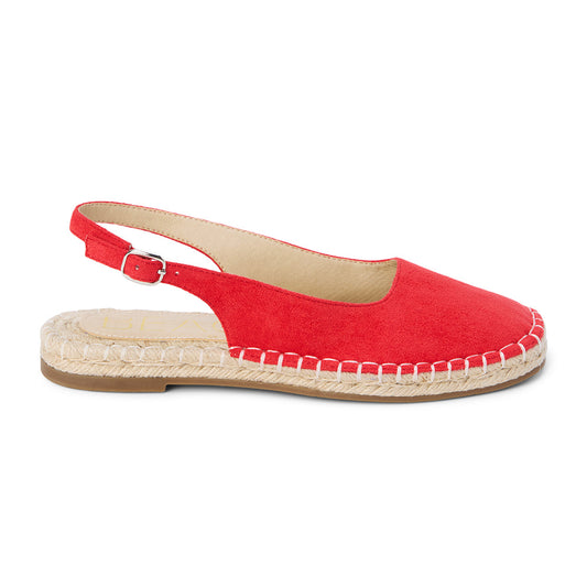 Juliet Espadrille – Beach By Matisse – Red faux suede espadrille slingbacks with a stitched jute sole, almond toe, and adjustable ankle strap. A vibrant, Mediterranean-inspired staple perfect for sunny day adventures