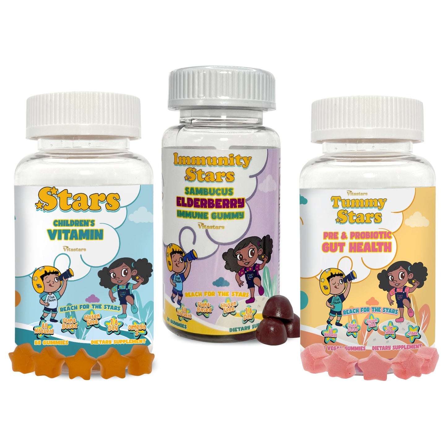 VitaStars Kids Complete Wellness Bundle – Multivitamin Gummies + Probiotic Gummies + Elderberry Immunity Gummies – Gluten Free Vegan, 3 Pack
