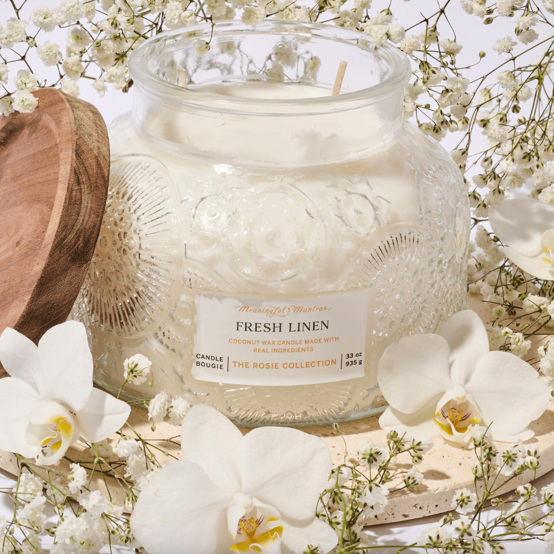 Sunday Reset Fresh Linen Natural Candle 33oz Rosie Collection Luxury Three Wick - Vegan America