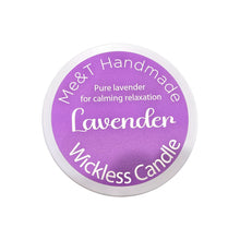 Lavender Wickless Candle shown in a white tin with a lavender Label