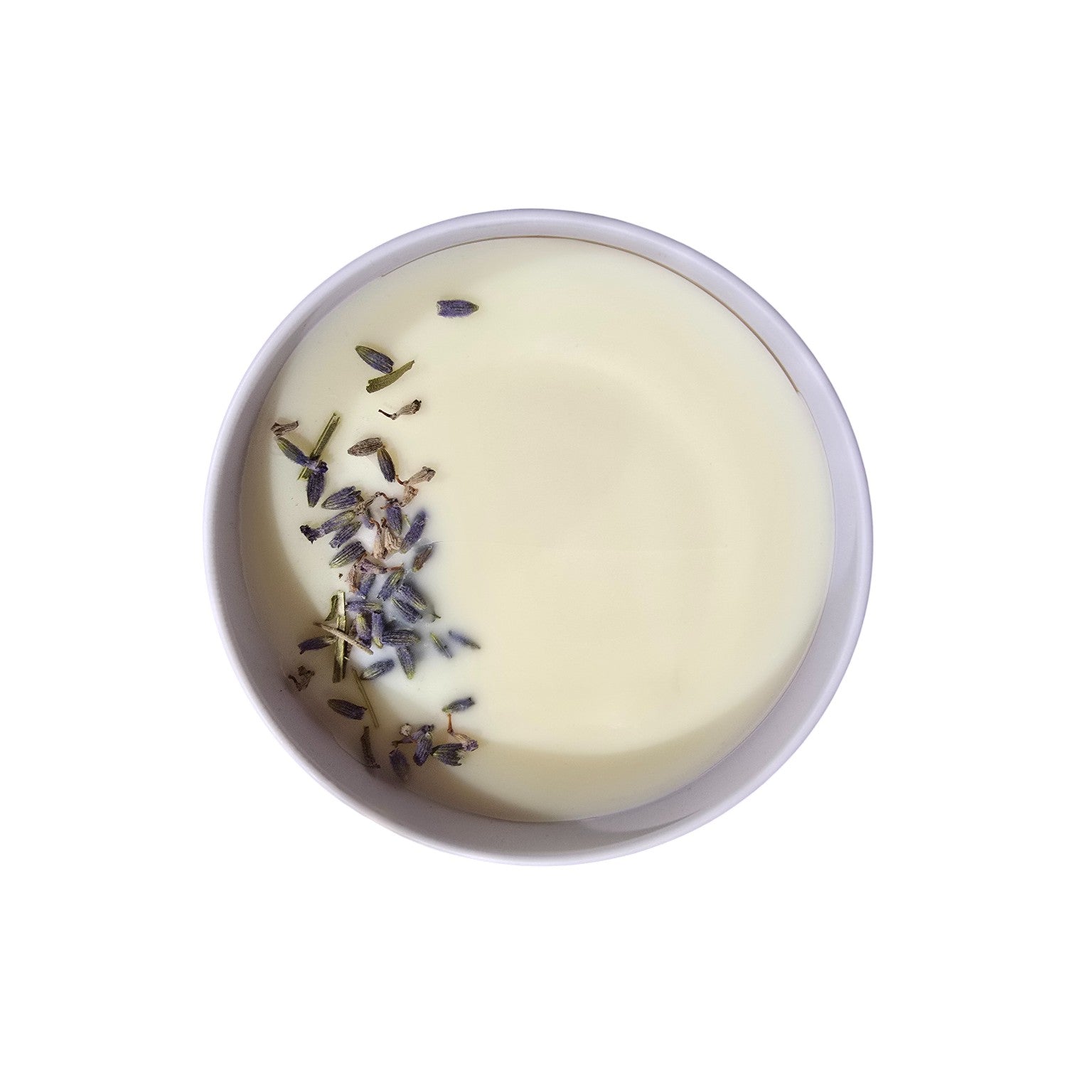 Lavender Wickless Candle Inside shows lavender buds on top of the wax