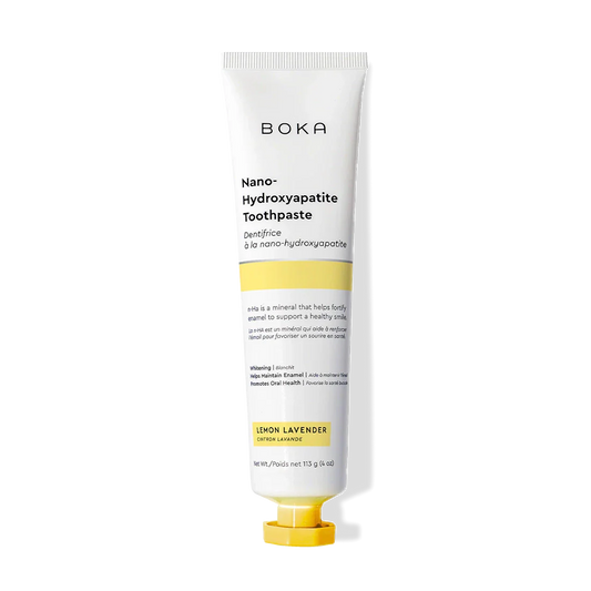 A tube of Lemon Lavender n-Ha Toothpaste to remineralize teeth on a black background.