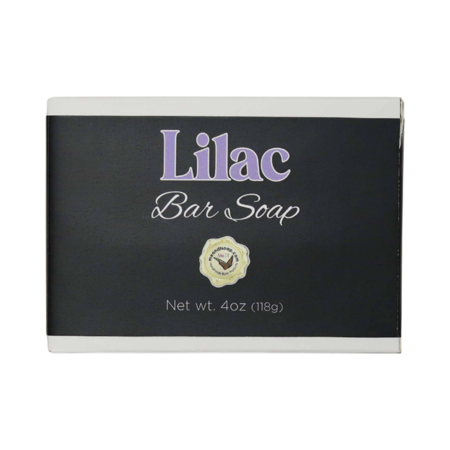 Lilac bar soap in a white box with a black label and lilac type