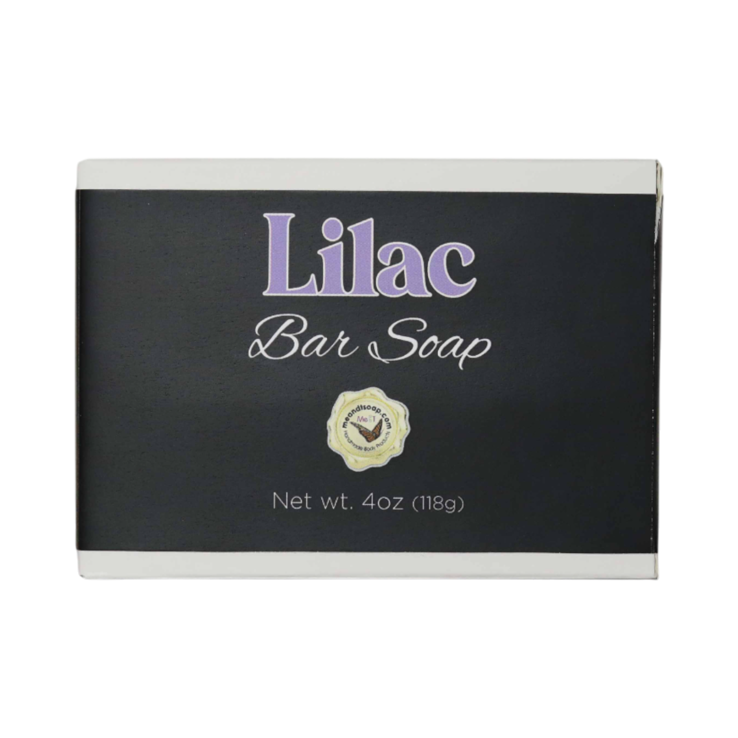 Lilac bar soap in a white box with a black label and lilac type
