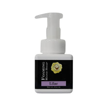 Lilac Foaming Hand Soap in a square, white bottle with a black label and a purple fragrance indicator