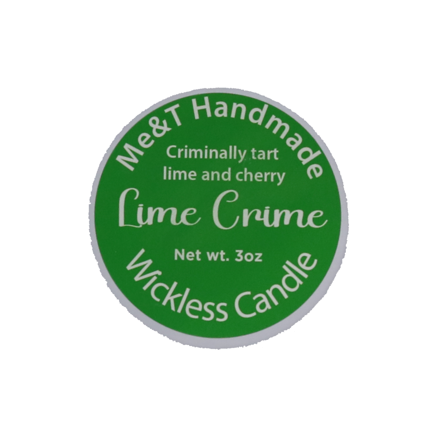 Lime Crime Wickless Candle shown in a white tin with a green label