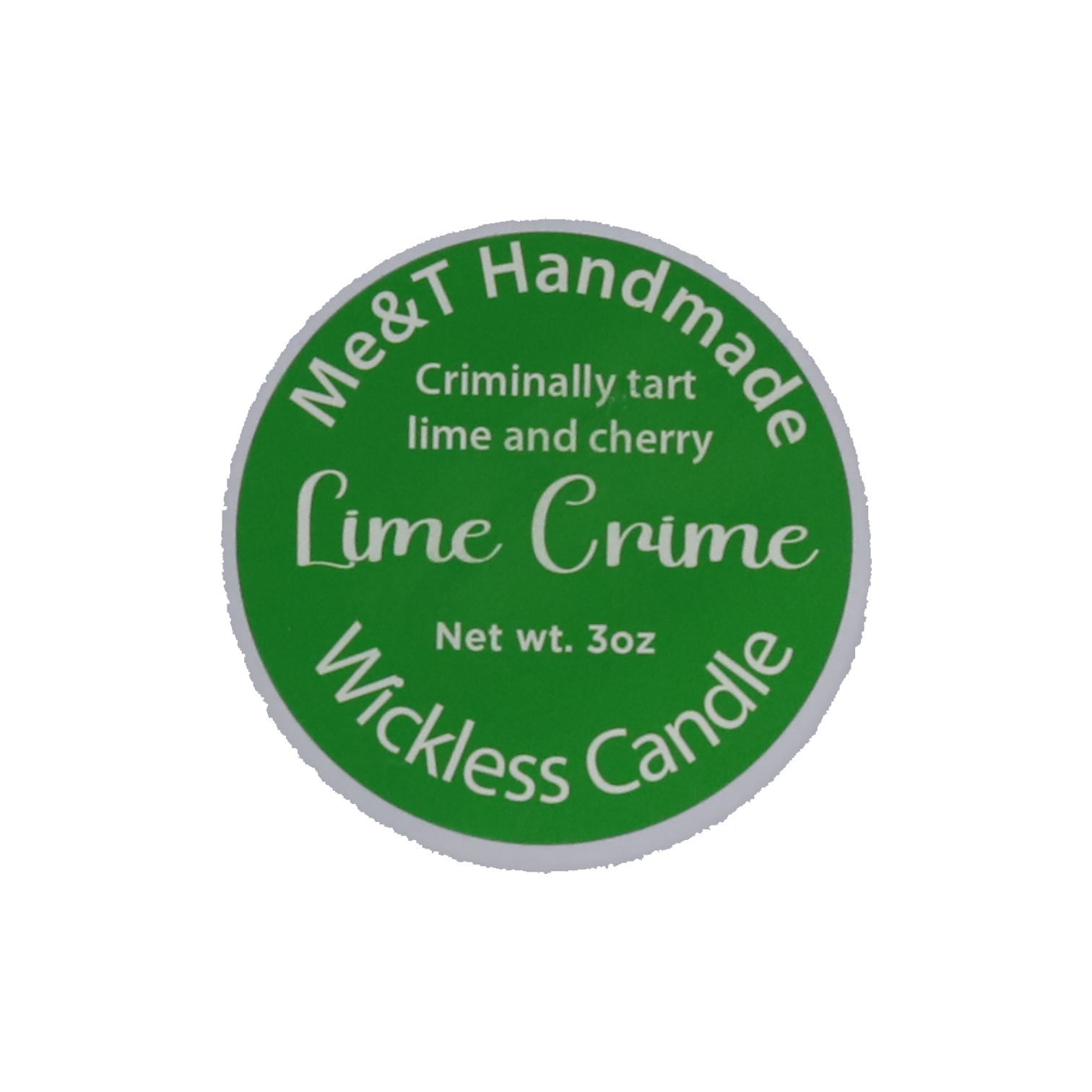 Lime Crime Wickless Candle shown in a white tin with a green label