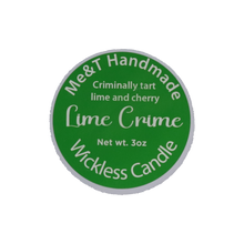 Lime Crime Wickless Candle shown in a white tin with a green label