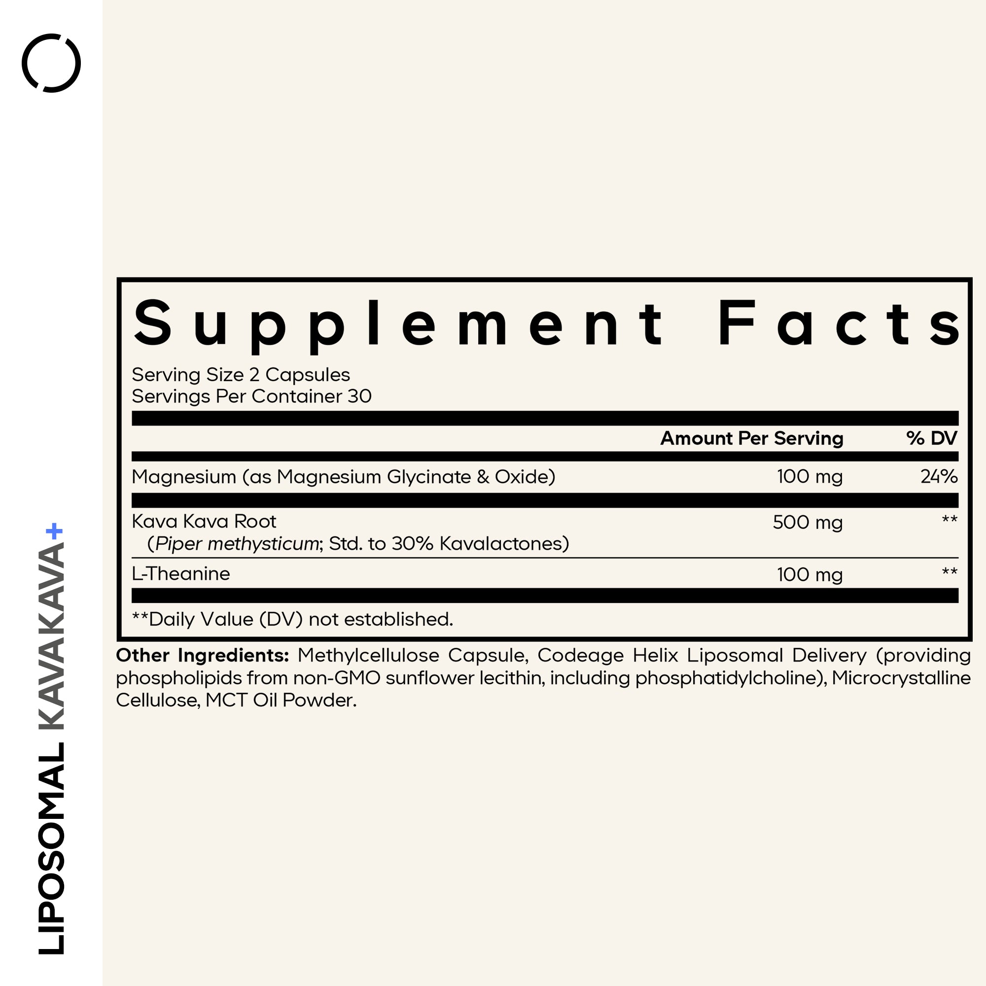 Nutrition facts for Liposomal Kava Kava+