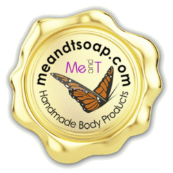 Me and T logo featuring a monarch butterfly inside a gold wax stamp