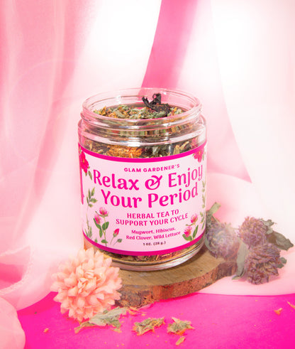 RELAX & ENJOY YOUR PERIOD | Looseleaf herbal tea for period and PMS relief with mugwort, red clover, wild lettuce, and hibiscus