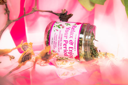 RELAX & ENJOY YOUR PERIOD | Looseleaf herbal tea for period and PMS relief with mugwort, red clover, wild lettuce, and hibiscus
