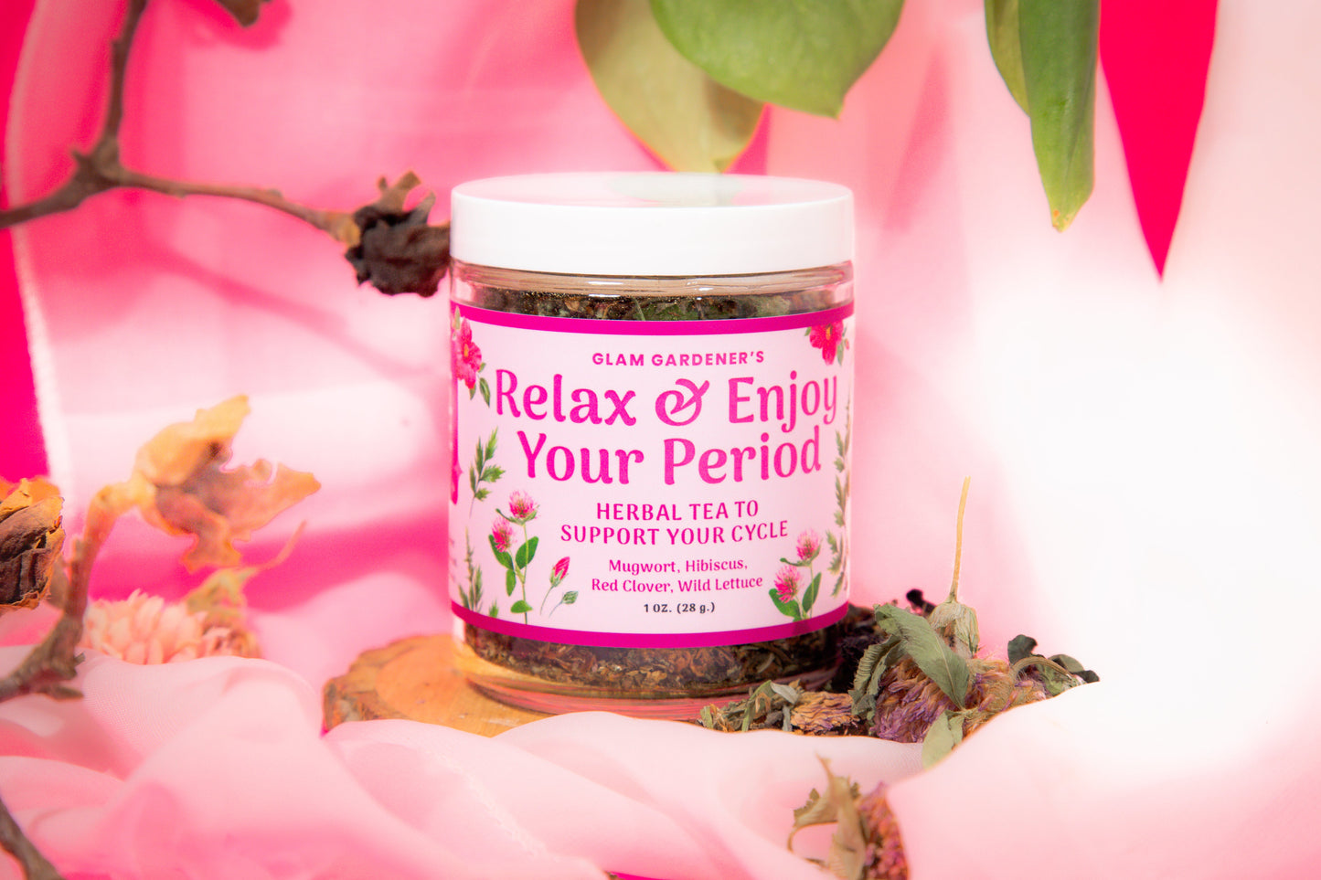 RELAX & ENJOY YOUR PERIOD | Looseleaf herbal tea for period and PMS relief with mugwort, red clover, wild lettuce, and hibiscus