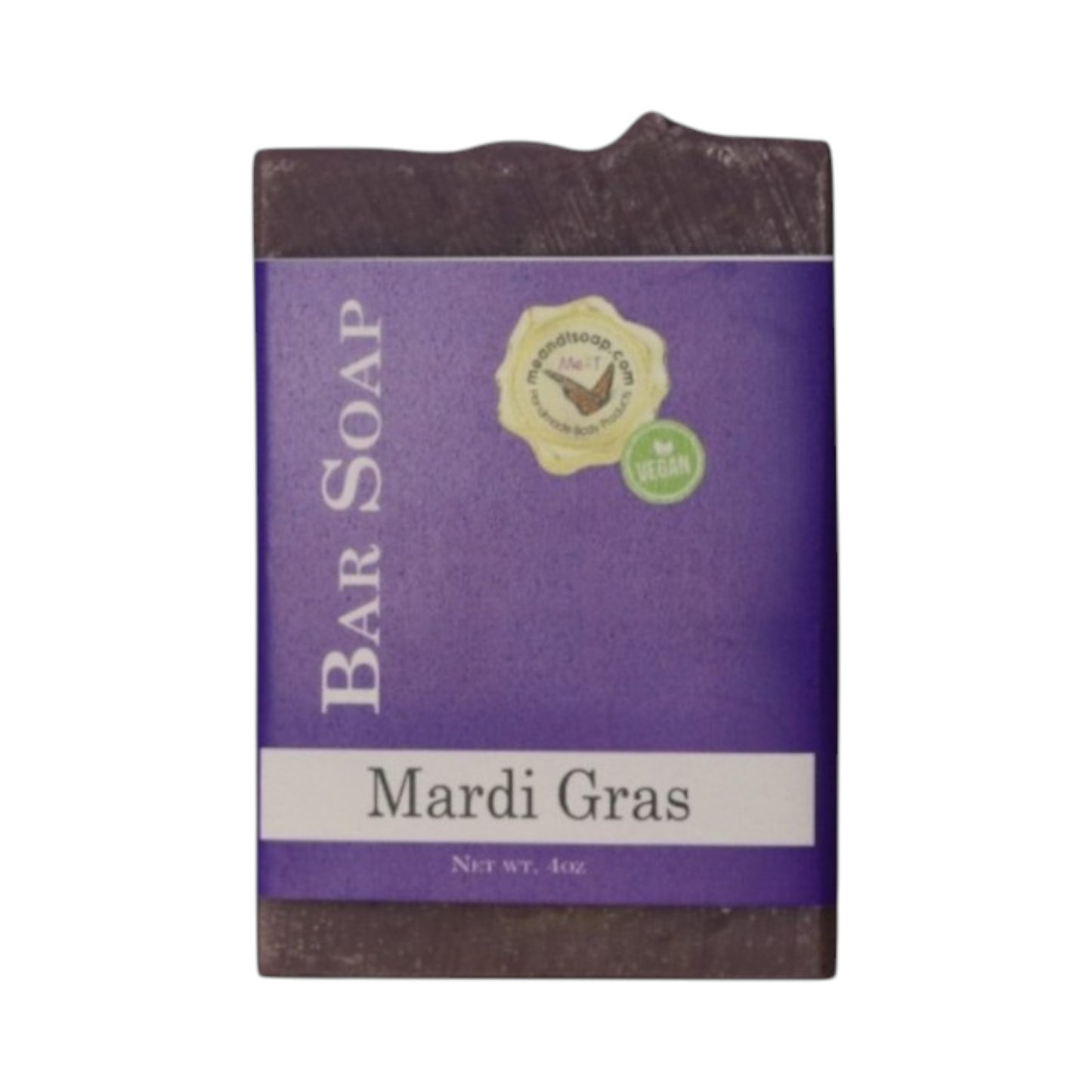 Mardi Gras Bar Soap shown with a purple label