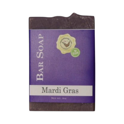 Mardi Gras Bar Soap shown with a purple label