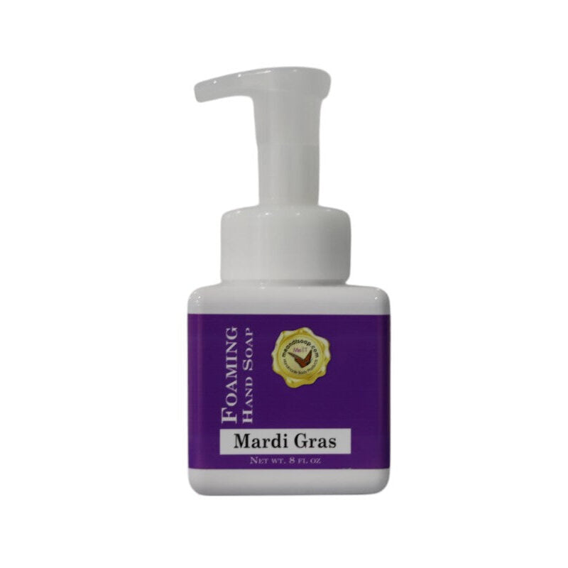 Mardi Gras Foaming Hand Soap in a square, white bottle with a purple label