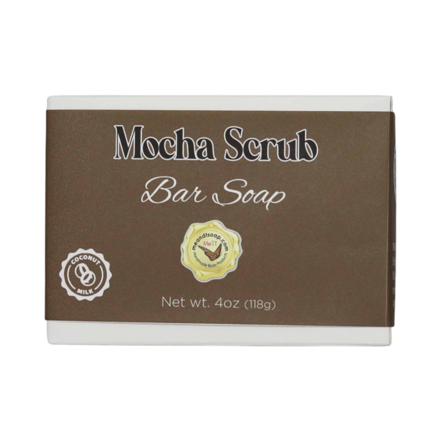 Mocha Scrub Bar Soap in a white box with a brown label