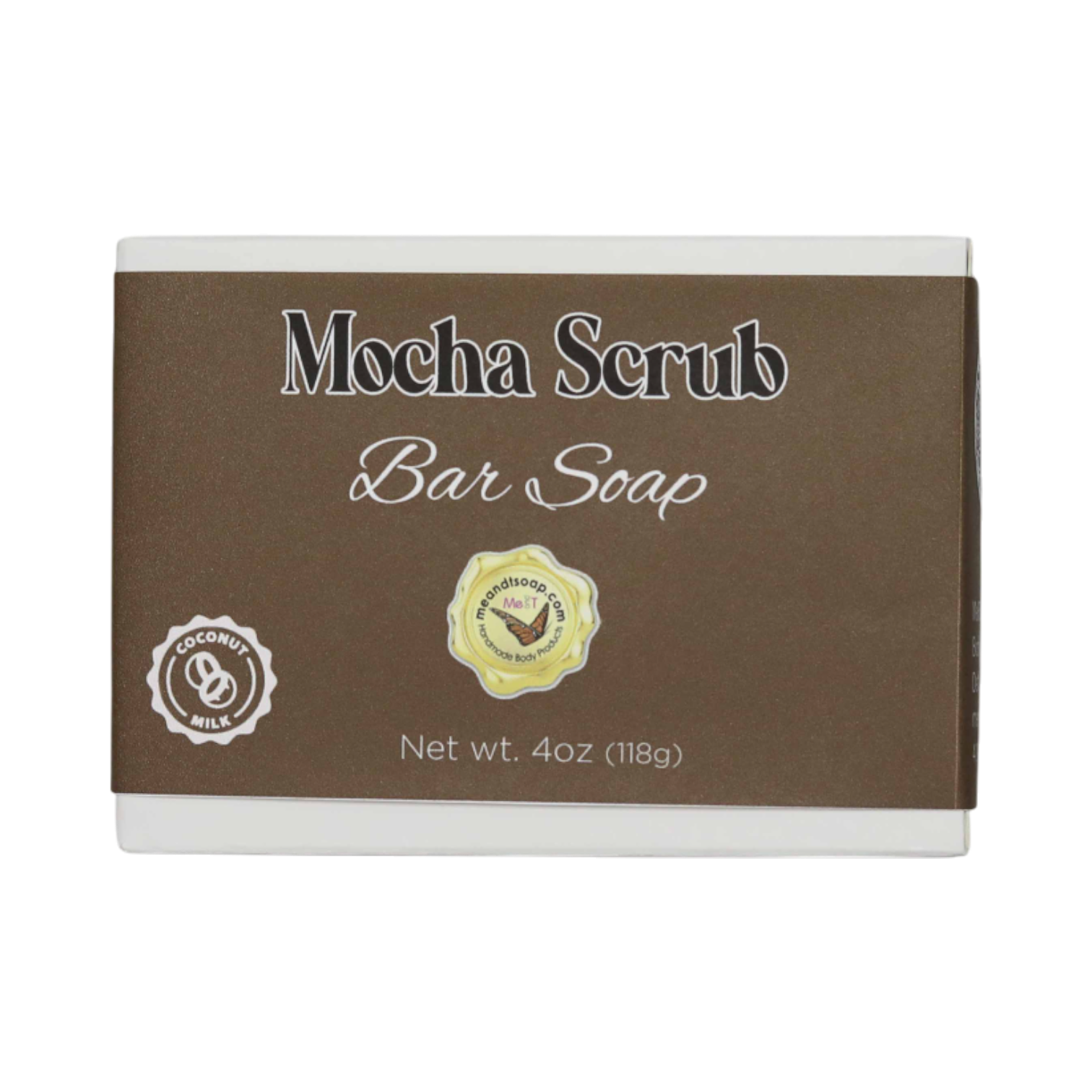 Mocha Scrub Bar Soap in a white box with a brown label
