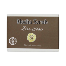 Mocha Scrub Bar Soap in a white box with a brown label
