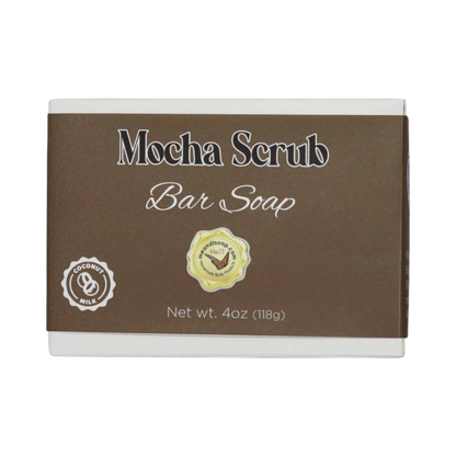 Mocha Scrub Bar Soap in a white box with a brown label