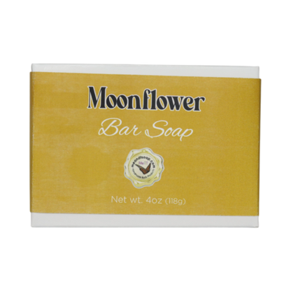 Moonflower Bar Soap shown in a white box with a yellow gold label