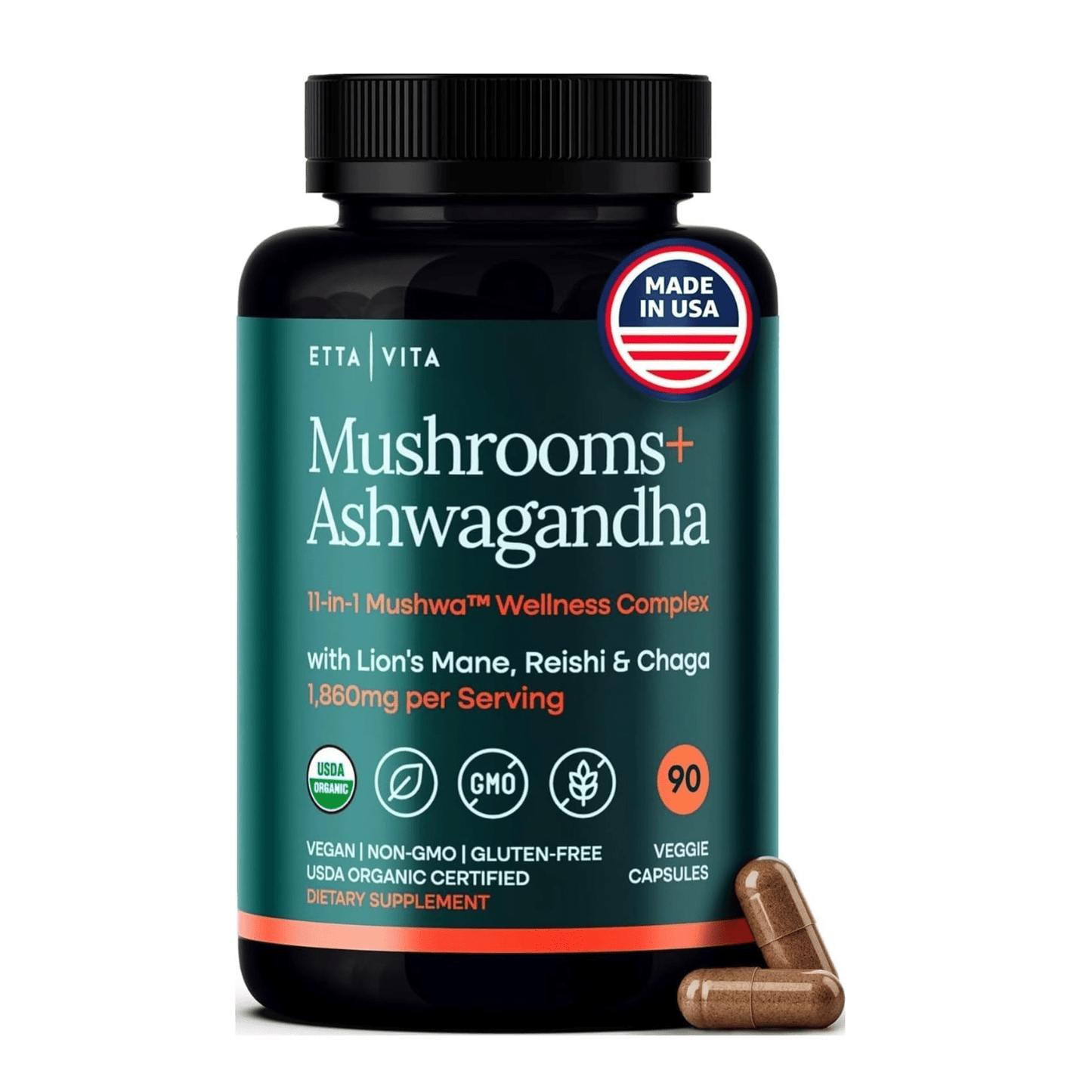 USDA Organic Lions Mane Supplement Capsules with Ashwagandha, Chaga, Reishi, Cordyceps, Turkey Tail - Vegan America