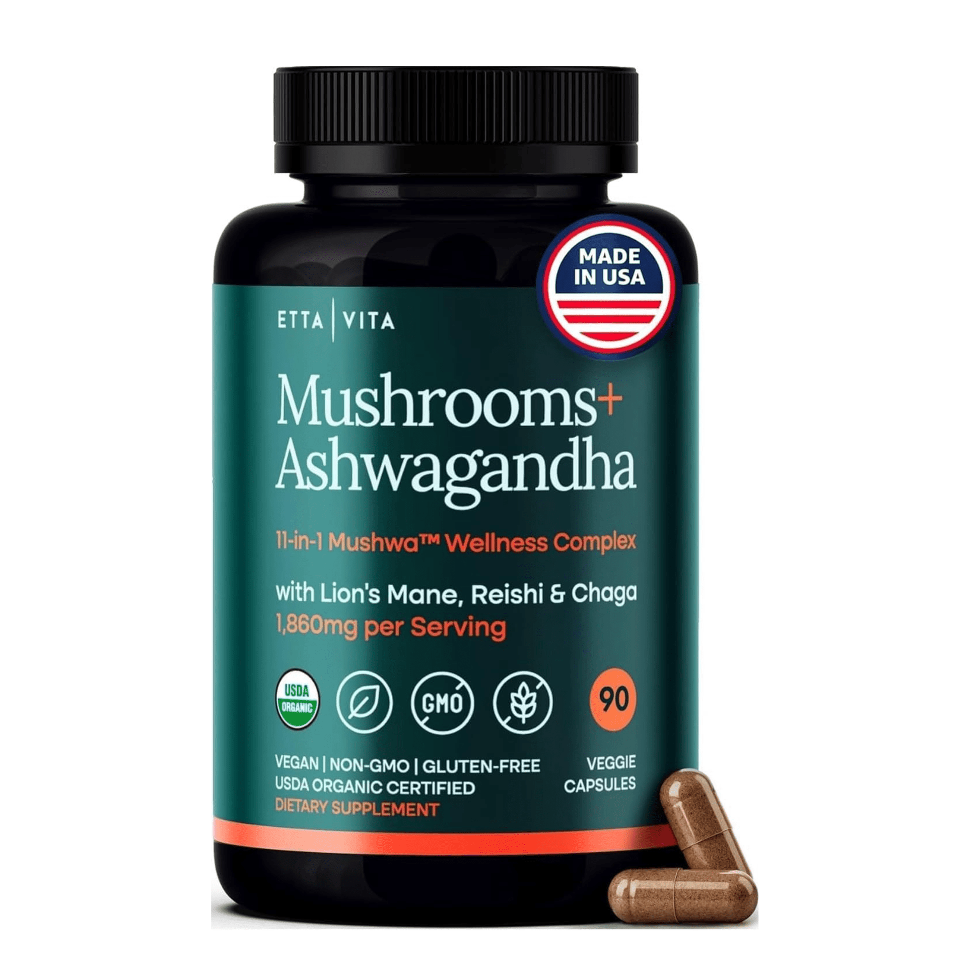 USDA Organic Lions Mane Supplement Capsules with Ashwagandha, Chaga, Reishi, Cordyceps, Turkey Tail - Vegan America