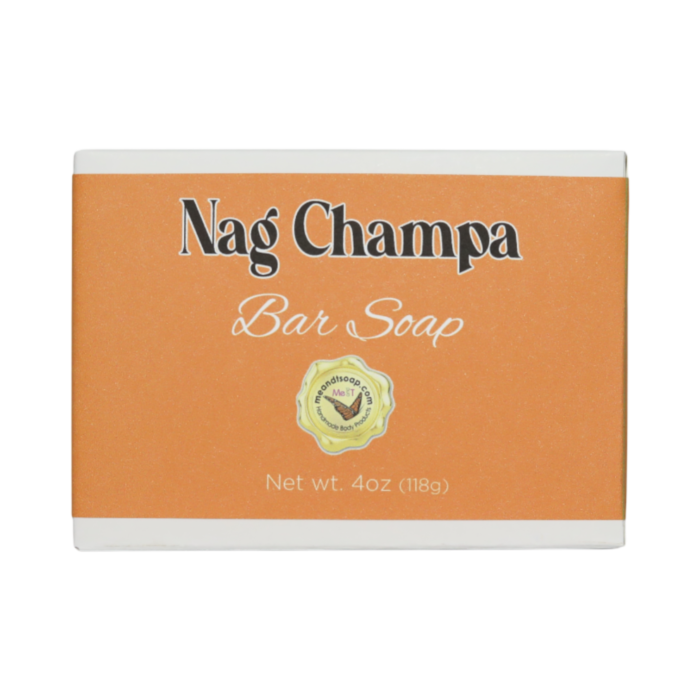 Nag Champa Bar Soap in a white box with an orange label