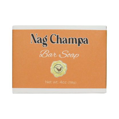 Nag Champa Bar Soap in a white box with an orange label