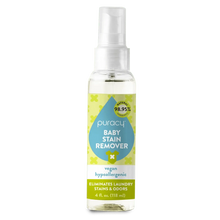 The Baby Stain Remover is packaged in a spray bottle with a green and blue label. This eco-friendly cleaner is hypoallergenic and uses plant-based enzymes to effectively handle tough stains, ensuring your baby's clothes remain safe and clean.