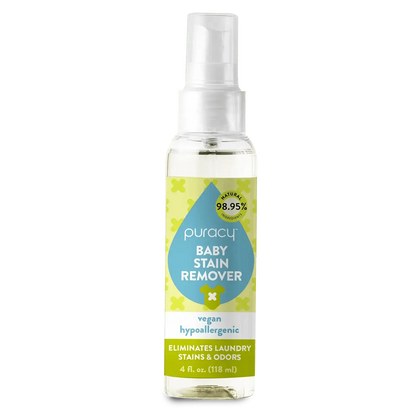 The Baby Stain Remover is packaged in a spray bottle with a green and blue label. This eco-friendly cleaner is hypoallergenic and uses plant-based enzymes to effectively handle tough stains, ensuring your baby's clothes remain safe and clean.