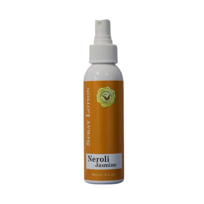 Neroli Jasmine Spray Lotion shown in a white bottle with an orange label
