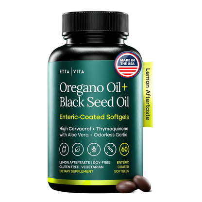 Oil of Oregano with Black Seed Oil, Enteric Coated Vegan Softgels, No Burps | High-Carvacrol Oil of Oregano with Black Seed Oil, Thymoquinone, Allicin & Aloe Vera - Supports Immunity & Gut Health, 60ct