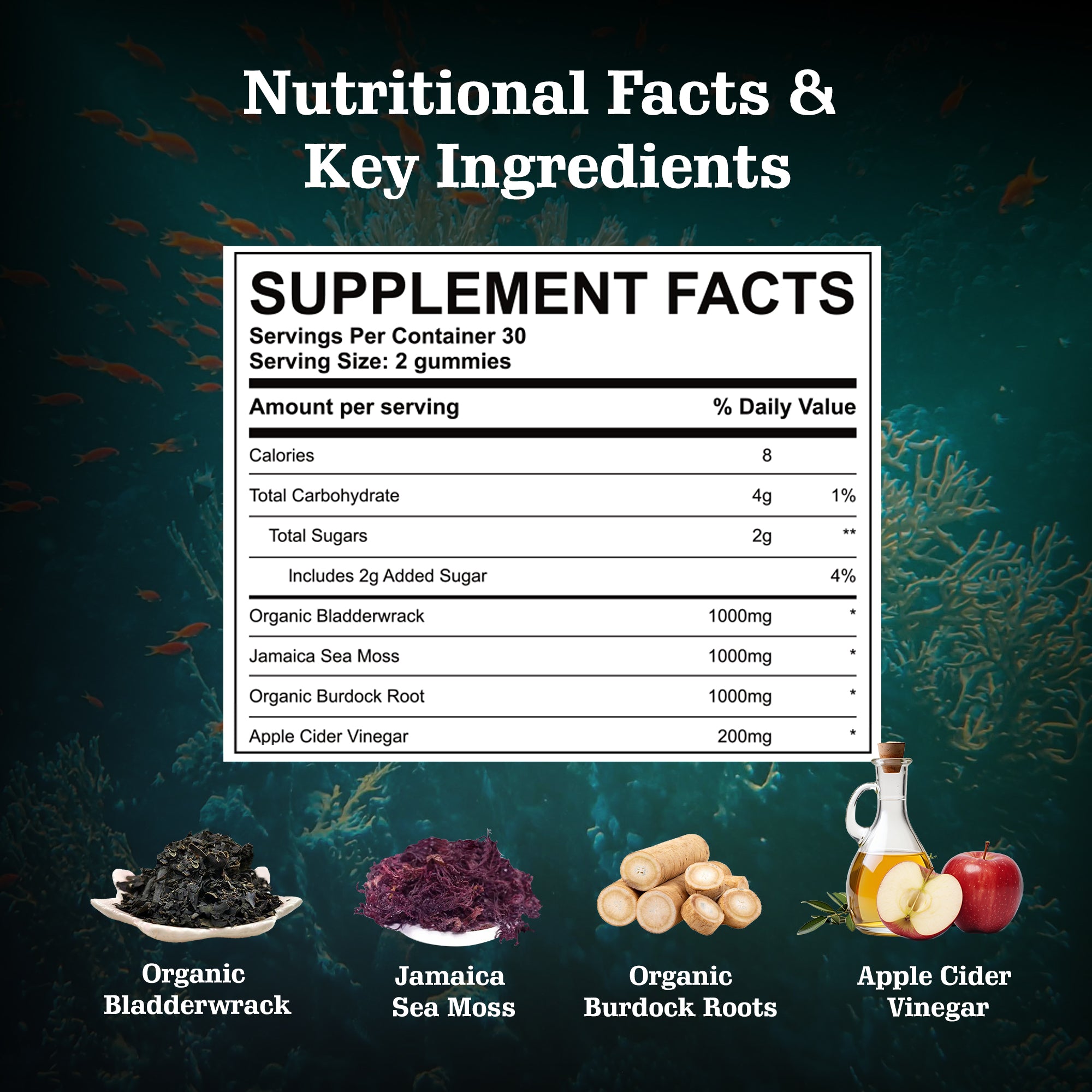 Ingredient list for Ultimate Wellness: Organic Sea Moss Gummies & Black Seed Oil Honey Gummies, Immune, Digestive, Skin & Joint Support, Packed with Superfoods, Antioxidants & Vitamins for Men & Women, 120 count