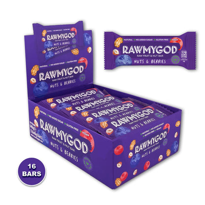 RAWMYGOD Nuts & Berries Raw Fruit & Nut Bar, Box of 16