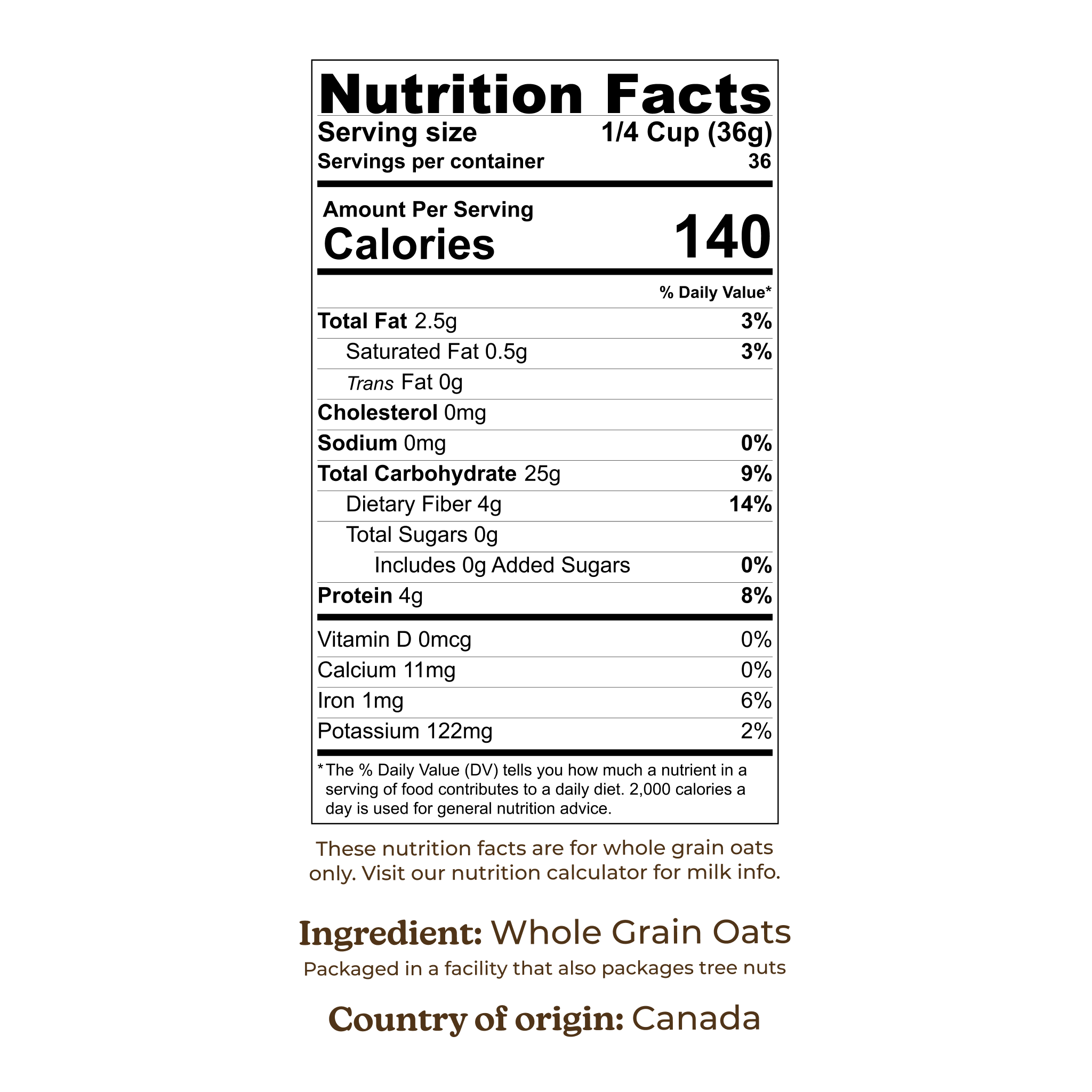 Nutrition facts for Organic Whole Grain Oats (3lbs)