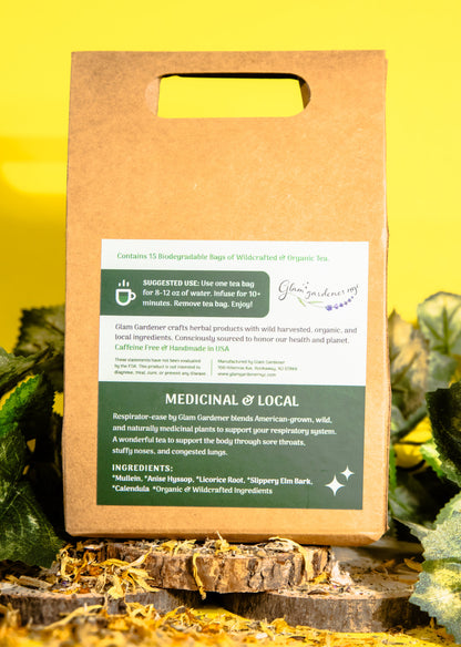 RESPIRATOR-EASE • Pre-bagged herbal tea for Respiratory support with American-grown & organic Mullein, Licorice root, Anise Hyssop, Slippery Elm and Calendula