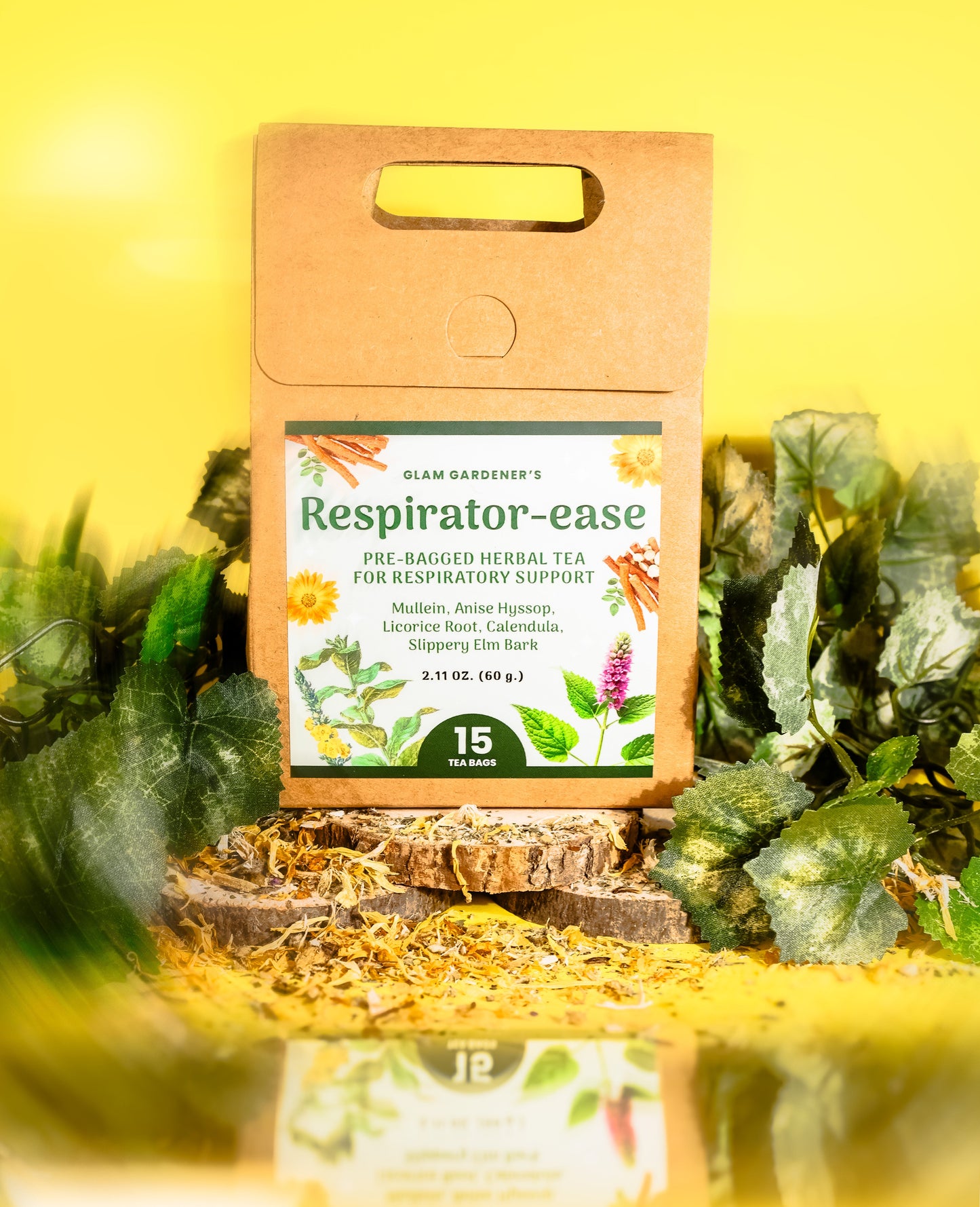 RESPIRATOR-EASE • Pre-bagged herbal tea for Respiratory support with American-grown & organic Mullein, Licorice root, Anise Hyssop, Slippery Elm and Calendula