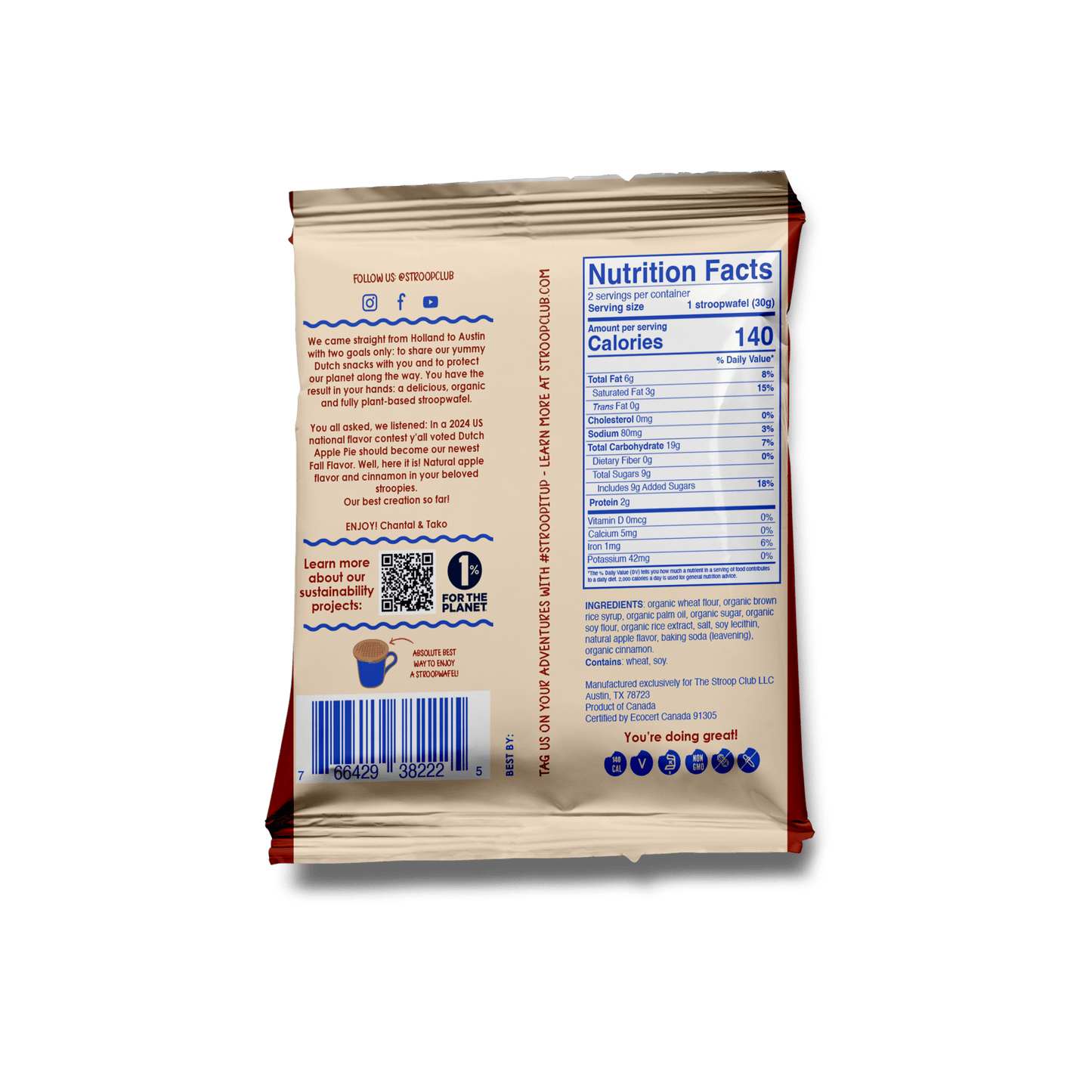 Apple Pie Caramel Plant Based and Organic Stroopwafels (box of 12x 2 - pack - 24 total) - Vegan America