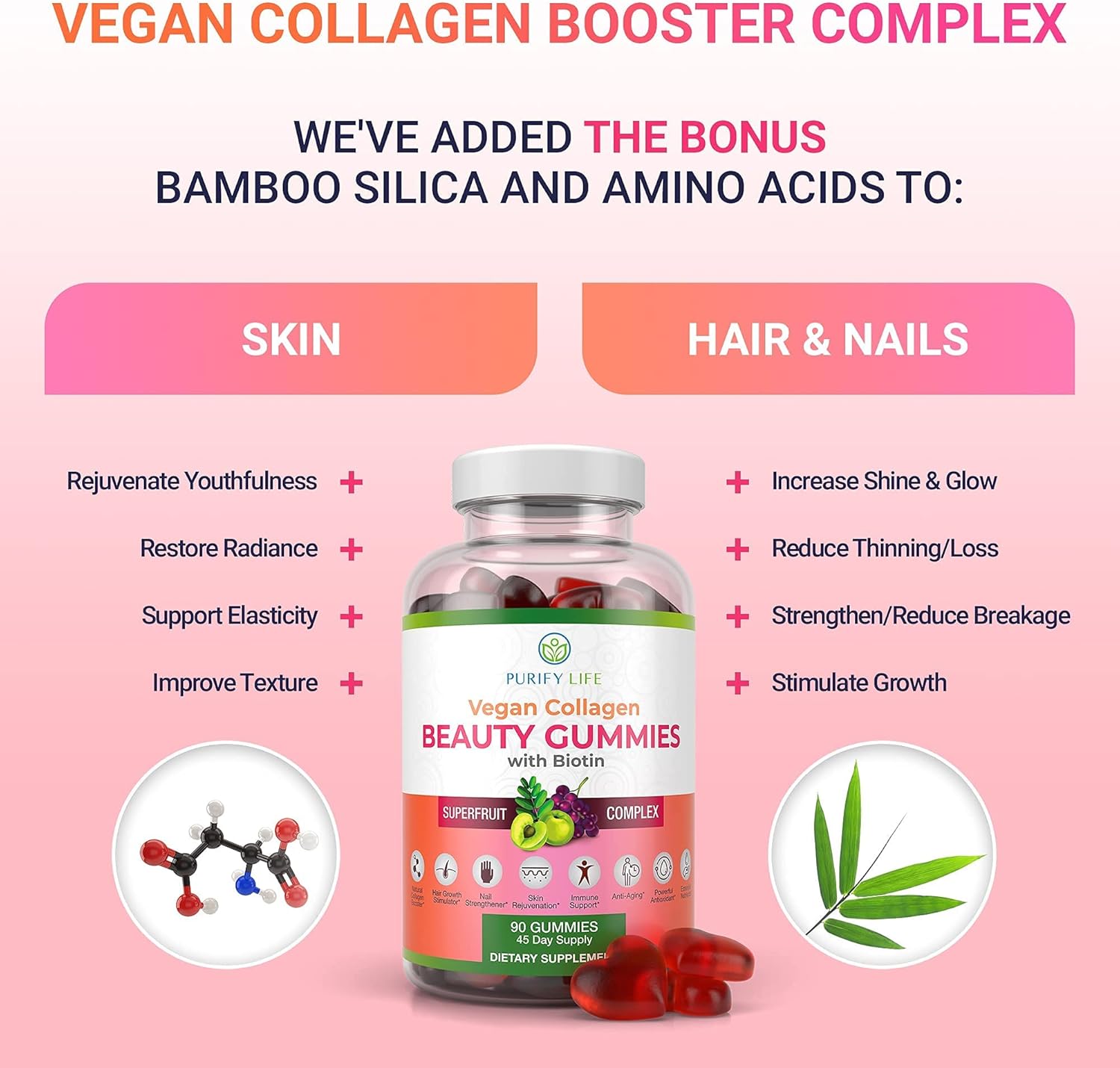 Vegan Collagen Booster Gummies with Biotin Vitamins for Hair Skin and Nails Health, Anti - Aging (90 Chews) - Vegan America