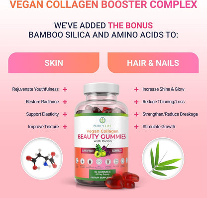 Vegan Collagen Booster Gummies with Biotin Vitamins for Hair Skin and Nails Health, Anti - Aging (90 Chews) - Vegan America